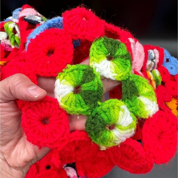 Vintage Afghan Crocheted Blanket Throw Red Rainbow Rings Handmade Retro Granny - Picture 5 of 8